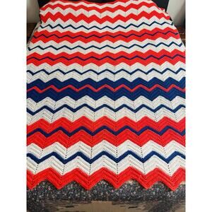 Vintage Handmade Crochet Afghan Throw Blanket Chevron Bright Red Orange Blue Zig